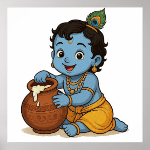 Playful Blue Yellow Infant Krishna Art Design Poster