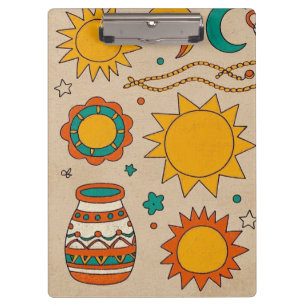 Playful Bohemian Patterns Hand-drawn suns, moons Clipboard