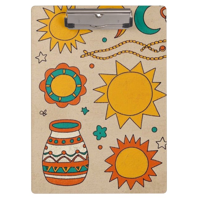 Playful Bohemian Patterns Hand-drawn suns, moons Clipboard (Front)