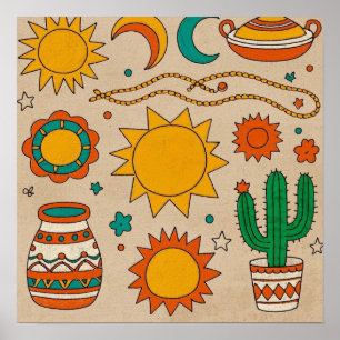 Playful Bohemian Patterns Hand-drawn suns, moons Poster