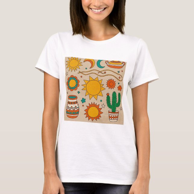 Playful Bohemian Patterns Hand-drawn suns, moons T-Shirt (Front)