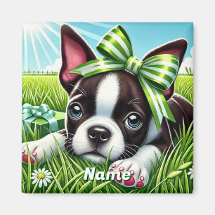 Playful Boston Terrier Puppy with Green Bow Magnet