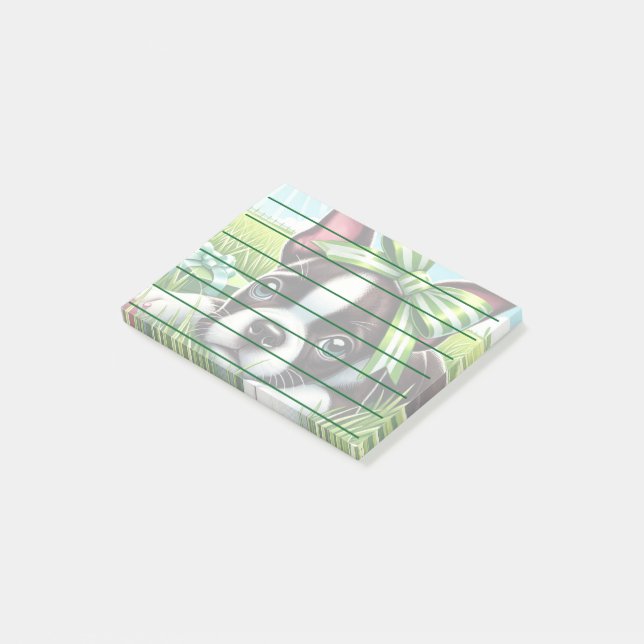 Playful Boston Terrier Puppy with Green Bow Post-it Notes (Angled)