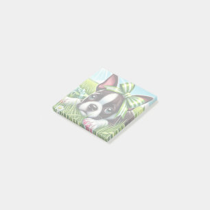 Playful Boston Terrier Puppy with Green Bow Post-it Notes
