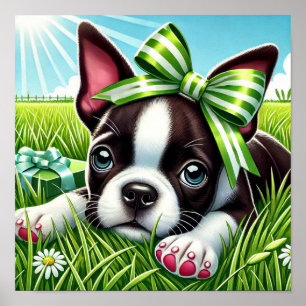 Playful Boston Terrier Puppy with Green Bow Poster
