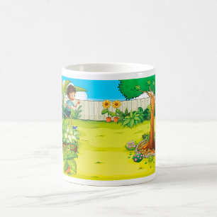 Playful Boy Running in a Lush Green Backyard  Coffee Mug