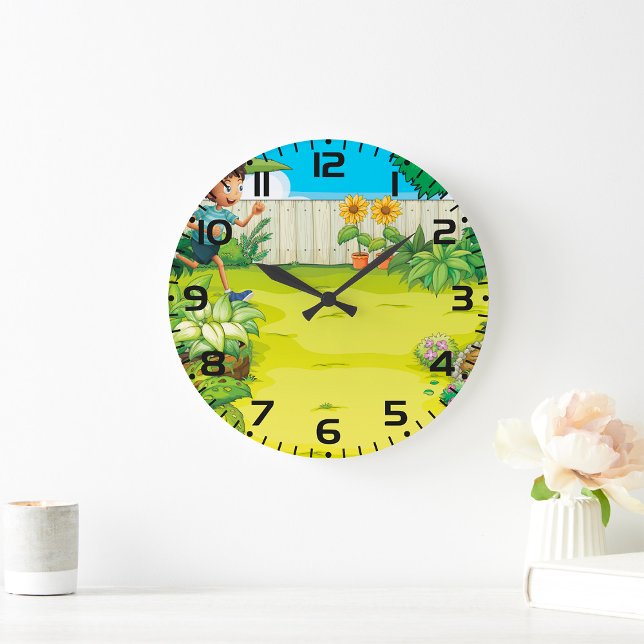 Playful Boy Running in a Lush Green Backyard  Large Clock (Creator Uploaded)