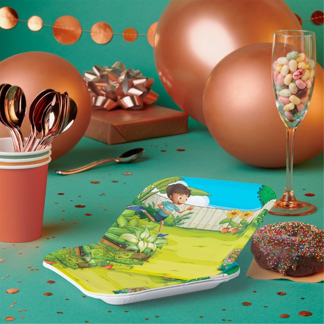 Playful Boy Running in a Lush Green Backyard  Paper Plate (Creator Uploaded)