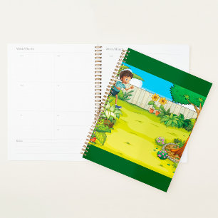 Playful Boy Running in a Lush Green Backyard Planner