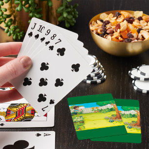 Playful Boy Running in a Lush Green Backyard  Playing Cards
