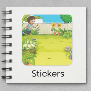 Playful Boy Running in a Lush Green Backyard  Square Sticker