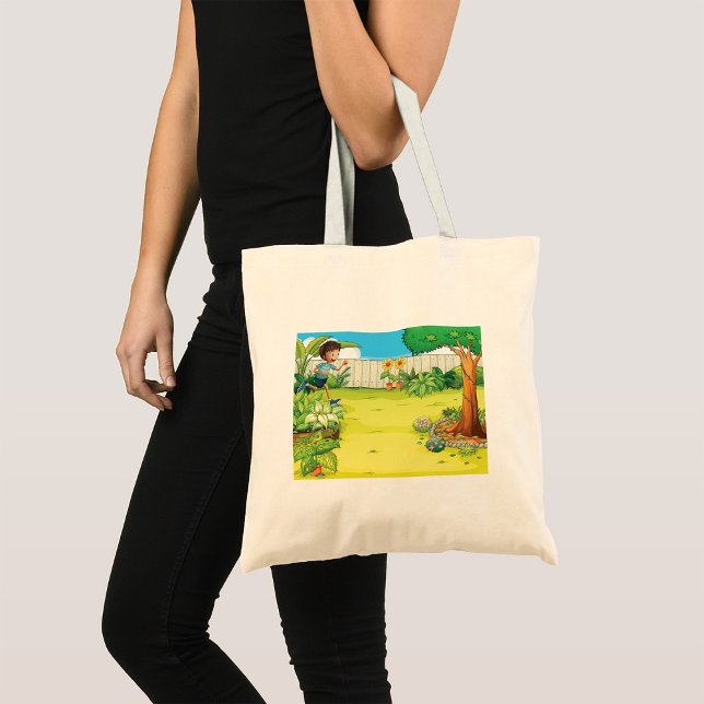 Playful Boy Running in a Lush Green Backyard  Tote Bag (Creator Uploaded)