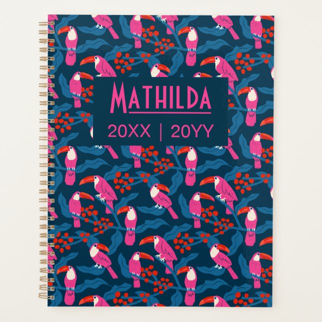 Playful bright pink toucans planner (Front)