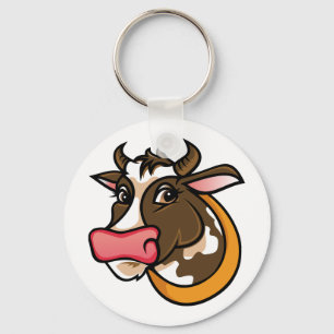 Playful Brown Cow Head with Pink Nose Key Ring