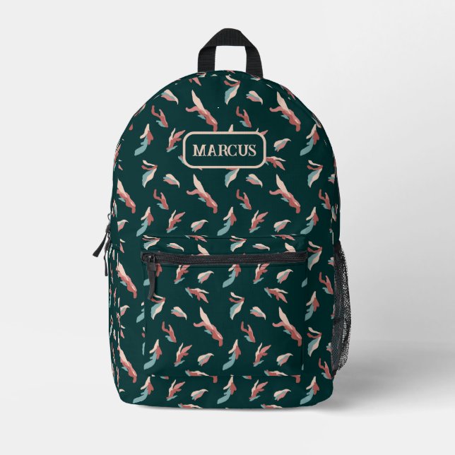 Playful brown, cream, dark teal abstract with name printed backpack (Front)