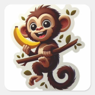 Playful Brown Monkey Cartoon Square Sticker