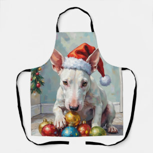 Playful Bull Terrier Dog Guarding Christmas Apron
