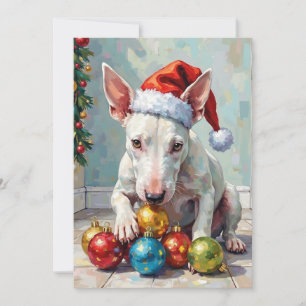 Playful Bull Terrier Dog Guarding Christmas Holiday Card