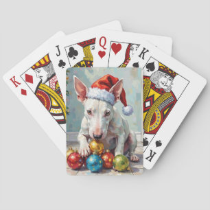 Playful Bull Terrier Dog Guarding Christmas Playing Cards