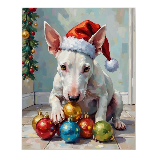 Playful Bull Terrier Dog Guarding Christmas Poster (Front)
