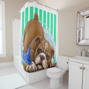 Playful Bulldog and Butterfly Shower Curtain