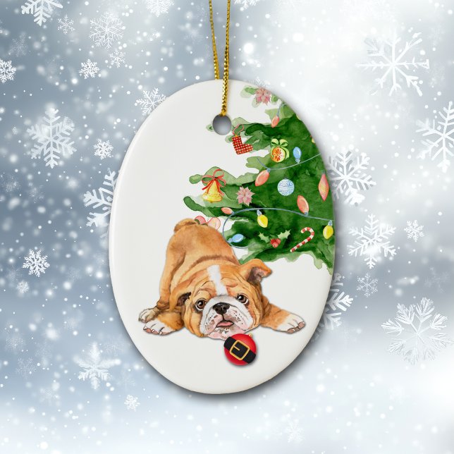 Playful Bulldog Puppy Santa Bulb Christmas Ceramic Tree Decoration (Creator Uploaded)