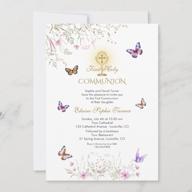 Playful Butterfly Wildflowers First Holy Communion Invitation (Front)