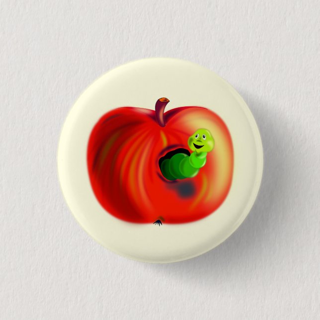 Playful Button with Happy Worm In Red Apple Fun (Front)