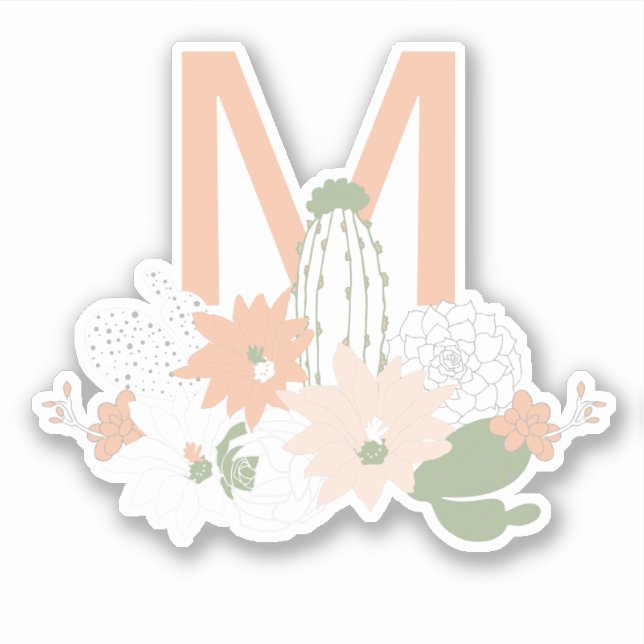 Playful Cacti Peach Green Floral Print Monogram (Front)
