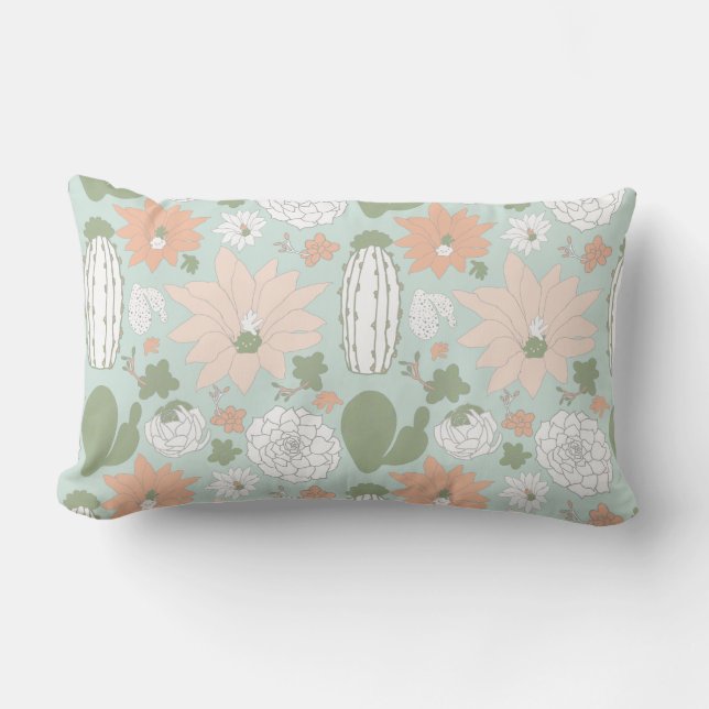 Playful Cacti Peach Green Succulents Floral Lumbar Cushion (Front)