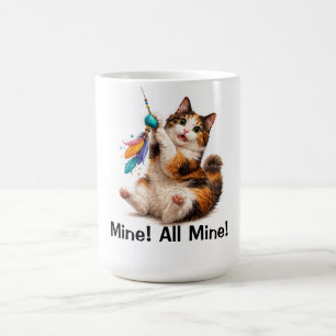 Playful Calico Cat “Mine! All Mine!” Clock Coffee Mug