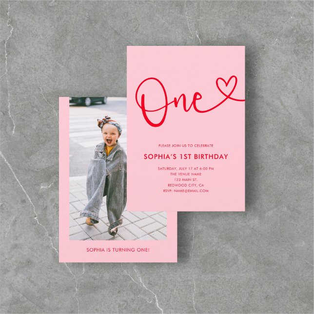 Playful Calligraphy Heart Pink Red 1st Birthday Invitation (Creator Uploaded)