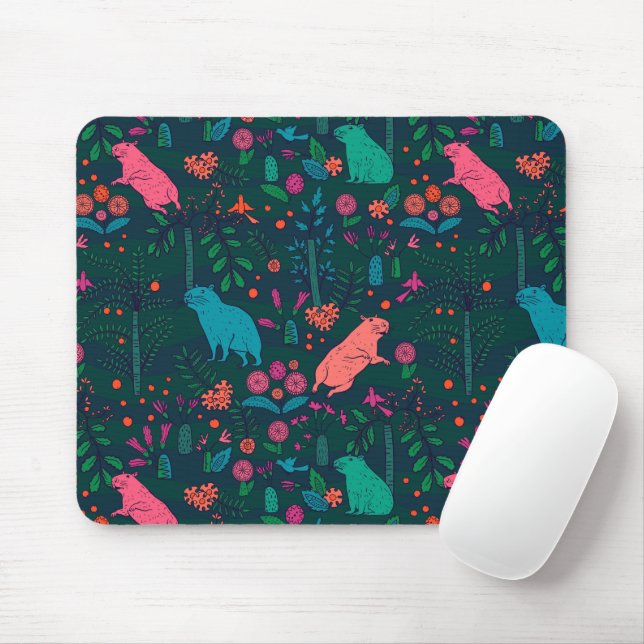 Playful Capybara in the Forest – Tropical Seamless Mouse Mat (With Mouse)