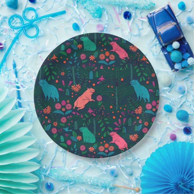 Playful Capybara in the Forest – Tropical Seamless Paper Plate (Party)