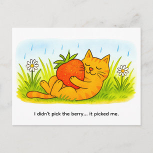 Playful Cartoon Cat Hugging Big Strawberry Postcard