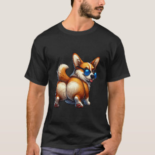 Playful Cartoon Corgi Dog Illustration Wearing Sun T-Shirt