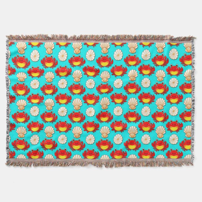 Playful Cartoon Crabs and Seashells Pattern Throw Blanket (Front)