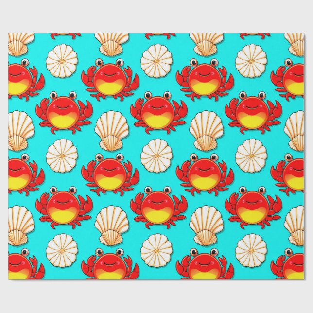 Playful Cartoon Crabs and Seashells Pattern Wrapping Paper (Flat)