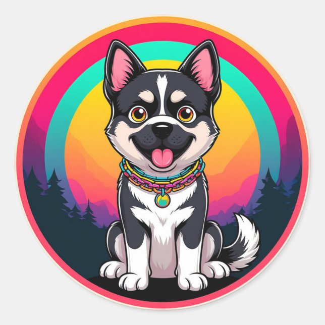 Playful Cartoon Dog Classic Round Sticker (Front)