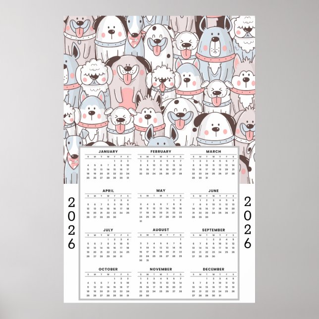 Playful Cartoon Dog Pattern with 2026 Calendar Poster (Front)
