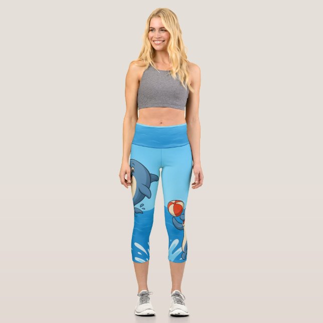 Playful Cartoon Dolphin with Beach Ball  Capri Leggings (Front)