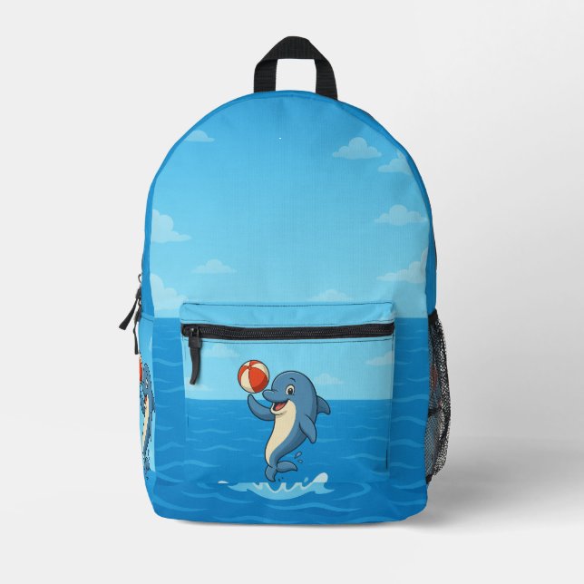 Playful Cartoon Dolphin with Beach Ball  Printed Backpack (Front)