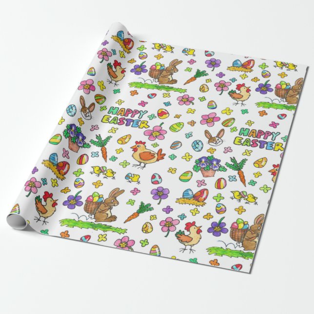 Playful Cartoon Easter Pattern Wrapping Paper (Unrolled)