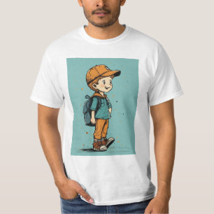 Playful Cartoon Illustration of a Boy with Backpac T-Shirt