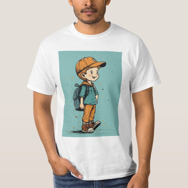 Playful Cartoon Illustration of a Boy with Backpac T-Shirt (Front)