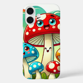Playful Cartoon Mushrooms in a Whimsical World iPhone 16 Case