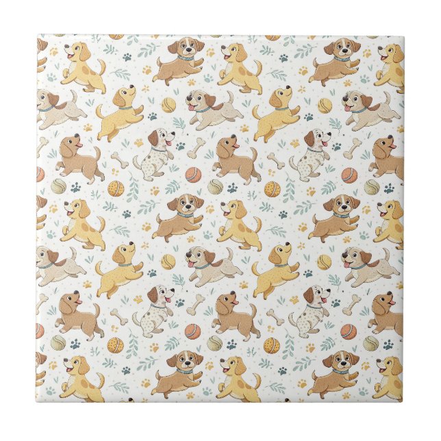 Playful Cartoon Puppy Dogs - Kids Design Pattern Tile (Front)