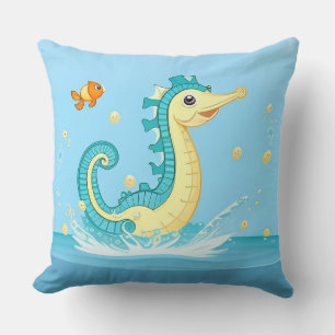 Playful Cartoon Seahorse in Blue Water Cushion