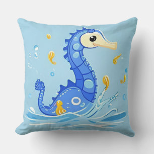 Playful Cartoon Seahorse in Blue Water Cushion