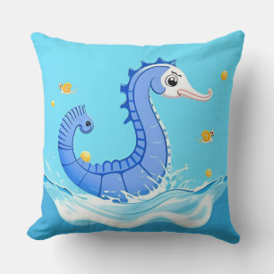 Playful Cartoon Seahorse in Blue Water Cushion